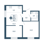 2-комнатная, 48.6 м², жилая: 28.5 м², кухня: 5.5 м²
