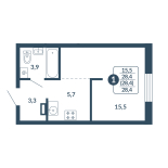 Студия, 28.4 м², жилая: 15.5 м², кухня: 5.7 м²