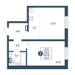 2-комнатная, 44.3 м², жилая: 27.4 м², кухня: 5.7 м²