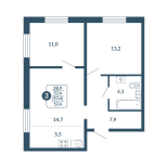 3-комнатная, 57.4 м², жилая: 38.9 м², кухня: 5.5 м²