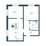 3-комнатная, 57.2 м², жилая: 38.9 м², кухня: 5.5 м²