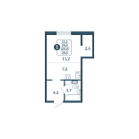 1-комнатная, 28.8 м², жилая: 21.8 м², кухня: 7 м²