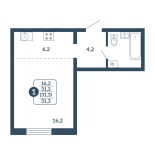Студия, 31.3 м², жилая: 16.2 м², кухня: 6.2 м²