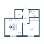 1-комнатная, 40.9 м², жилая: 13.4 м², кухня: 16 м²
