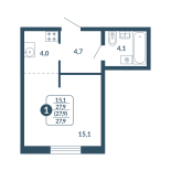 Студия, 27.9 м², жилая: 15.1 м², кухня: 4 м²