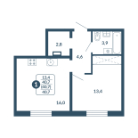 1-комнатная, 40.7 м², жилая: 13.4 м², кухня: 16 м²