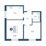 2-комнатная, 48.6 м², жилая: 28.5 м², кухня: 11.1 м²