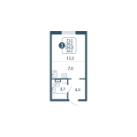 1-комнатная, 26.2 м², жилая: 19.2 м², кухня: 7 м²