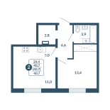 2-комнатная, 40.7 м², жилая: 13.4 м², кухня: 16 м²