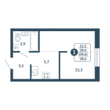 Студия, 28.6 м², жилая: 15.5 м², кухня: 5.7 м²
