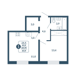 2-комнатная, 40.9 м², жилая: 13.4 м², кухня: 16 м²