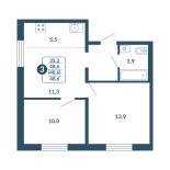 3-комнатная, 48.6 м², жилая: 35.2 м², кухня: 5.5 м²